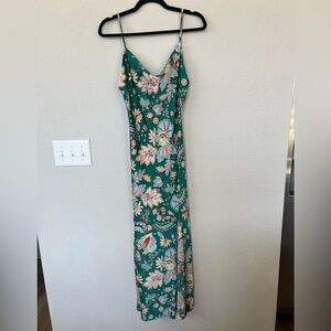 Paper Heart Floral Green Satin Midi Slip Dress with Adjustable Straps and Slit